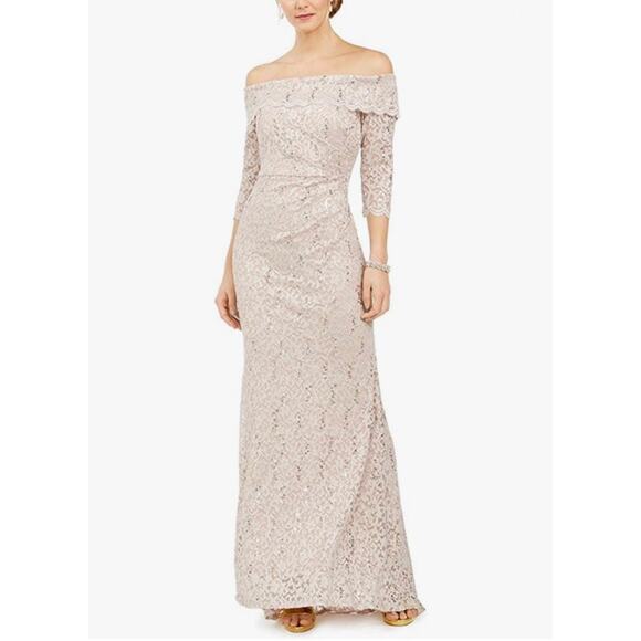 Vince Camuto Sequin Lace Off the Shoulder Evening Gown Gold Size 6 Formal Dress - Picture 12 of 13